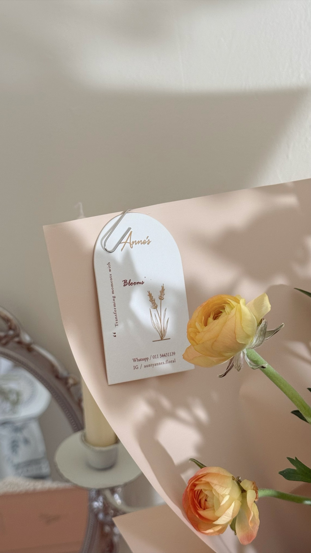 暖阳下的一朵浅橘玫瑰，系着 Anne's Floral 的品牌吊牌。